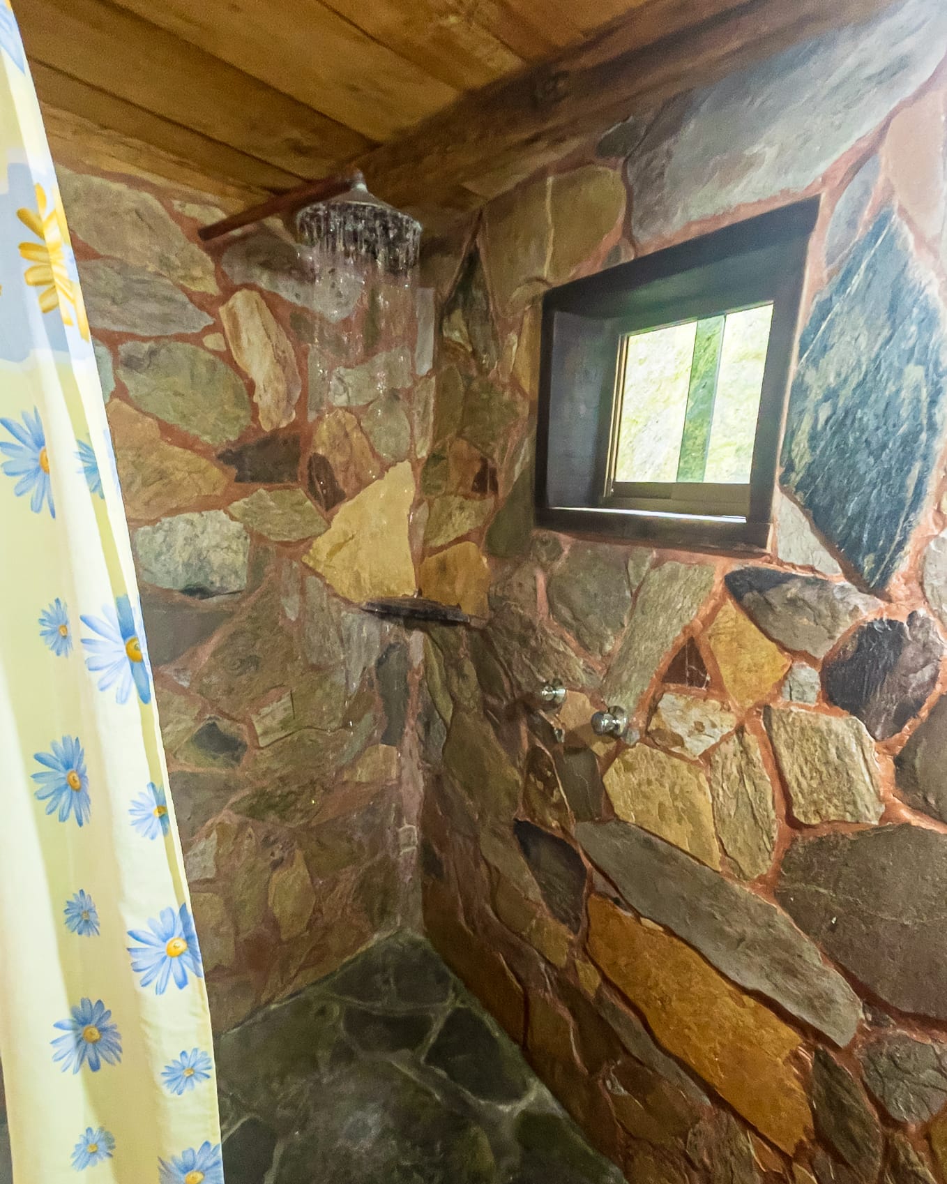 Ducha de piedra con el agua cayendo de la regadera y una ventanita de madera que asoma a la vegetación